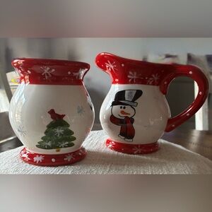 Festive Red and White Holiday Creamer, Sugar and Salt and Pepper Set